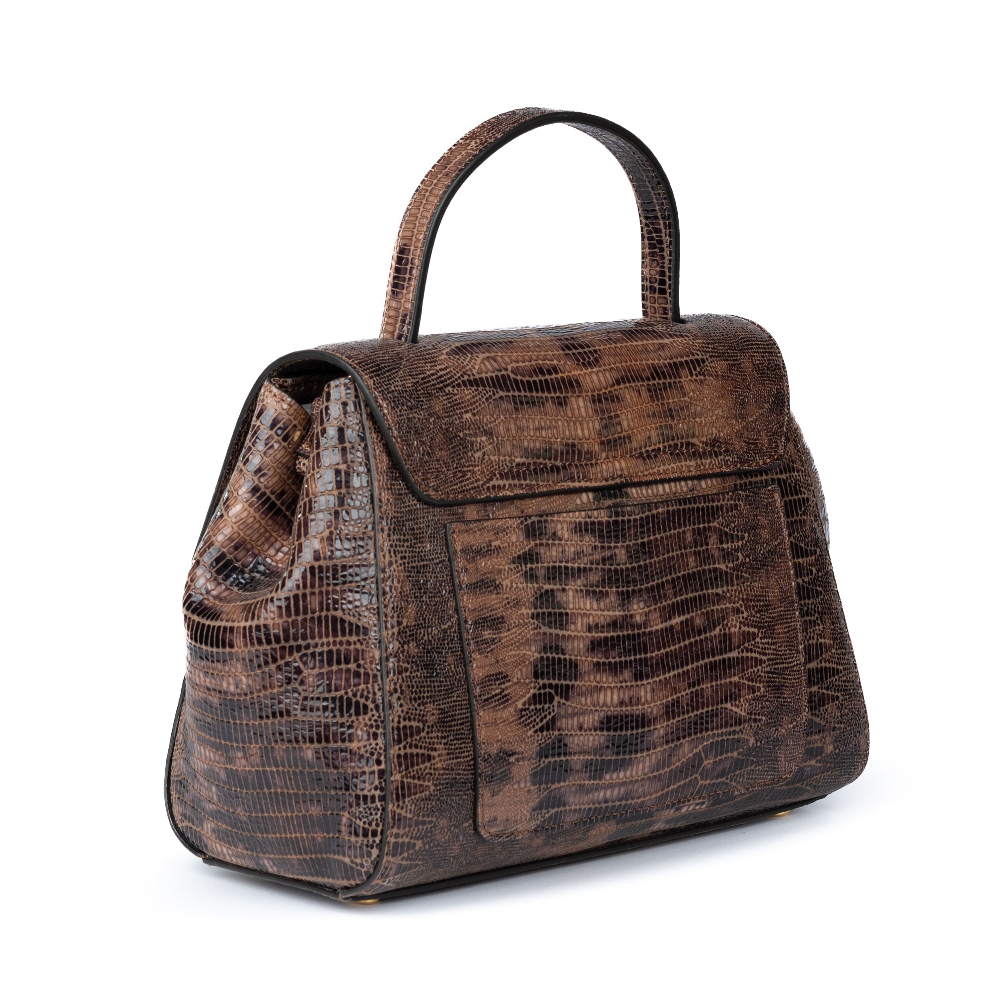 Brown textured handbag with a gold clasp on a white background. DEI DUCHI (AMALTEA)