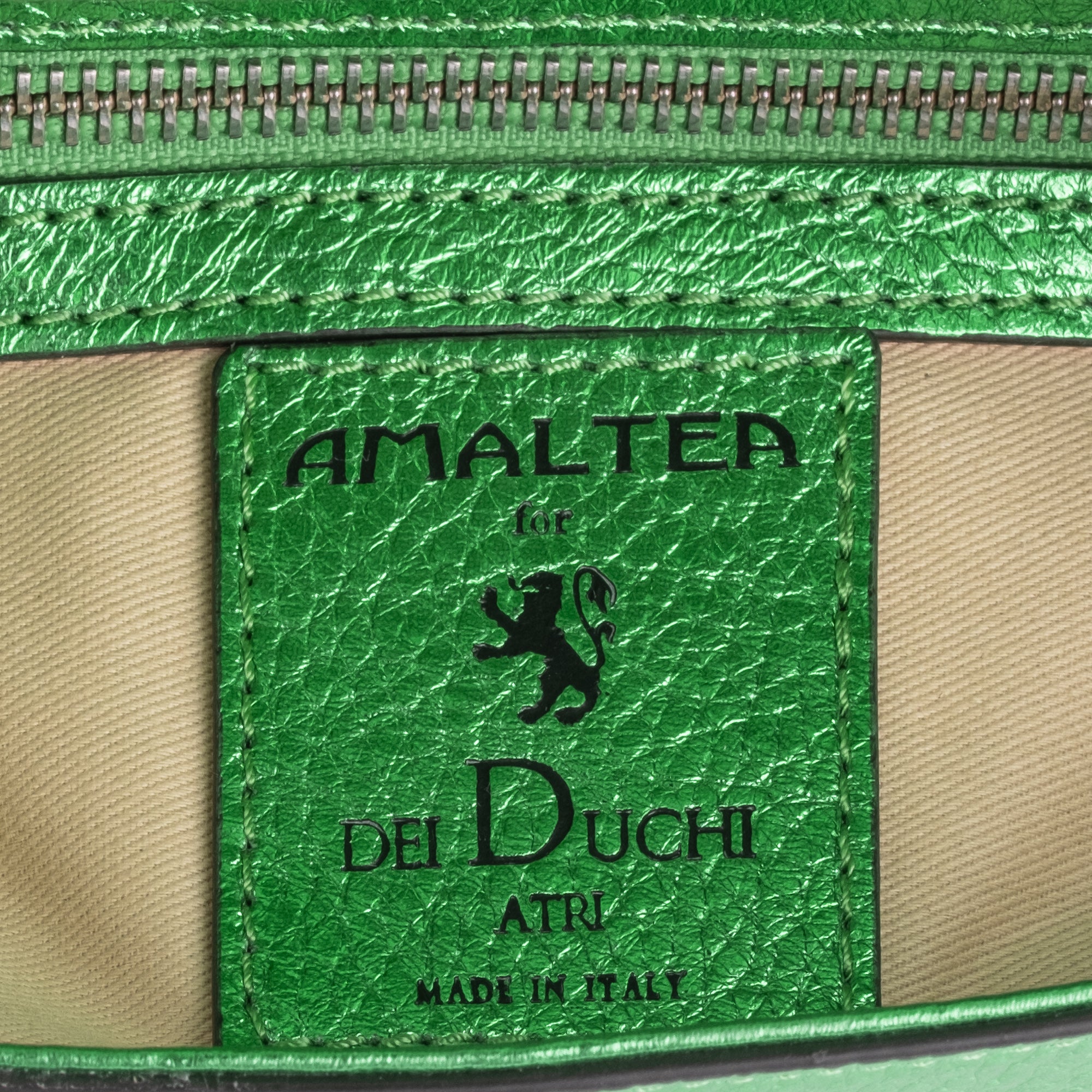Metallic Green leather handbag with a silver buckle on a white background. - DEI DUCHI ( AMALTEA)