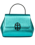 Metallic Turquoise Teal leather handbag with a burnished metal clasp buckle on a white background. - DEI DUCHI (AMALTEA)