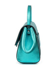 Metallic Turquoise Teal leather handbag with a burnished metal clasp buckle on a white background. - DEI DUCHI (AMALTEA)
