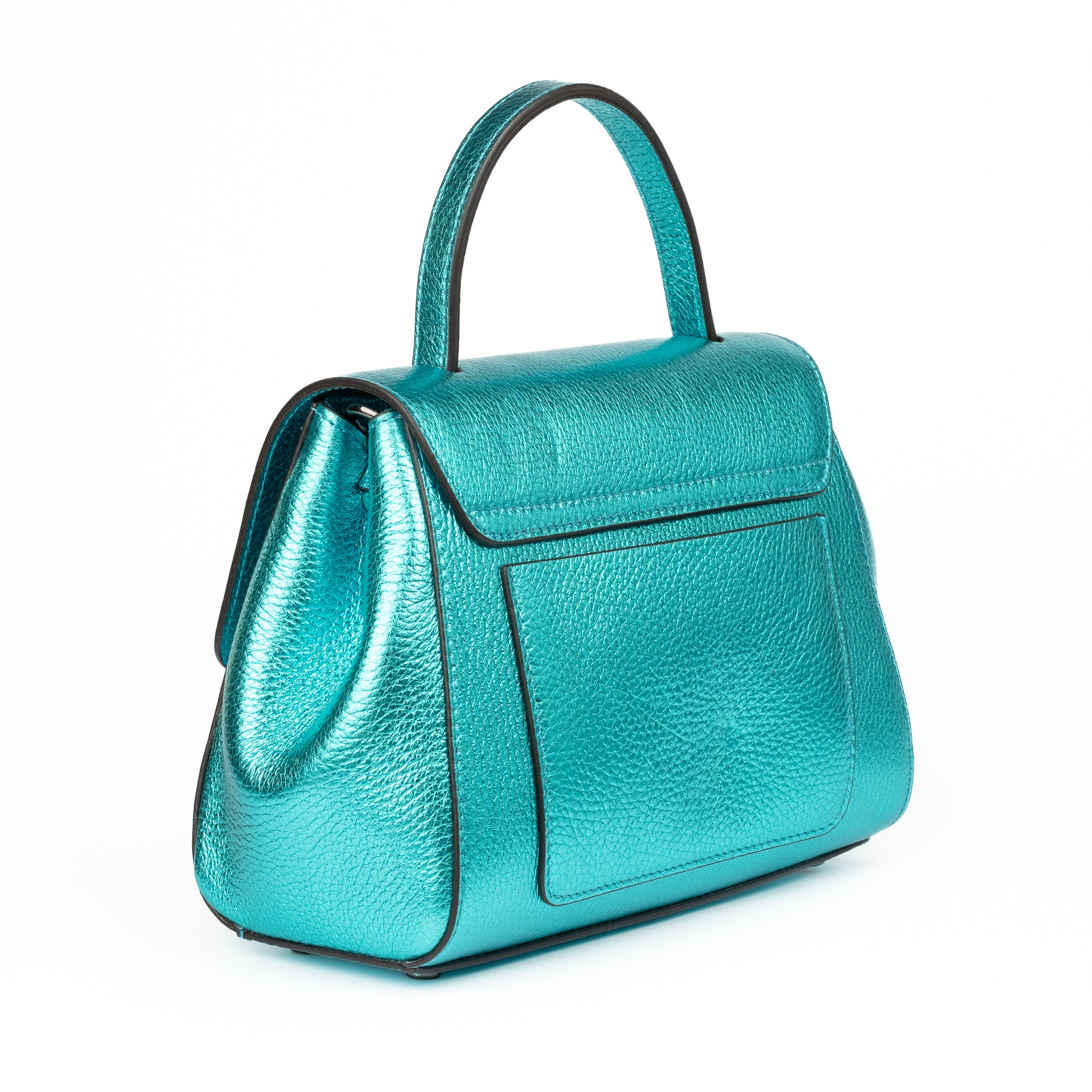 Metallic Turquoise Teal leather handbag with a silver clasp buckle on a white background. - DEI DUCHI (AMALTEA)