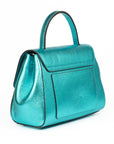 Metallic Turquoise Teal leather handbag with a silver clasp buckle on a white background. - DEI DUCHI (AMALTEA)