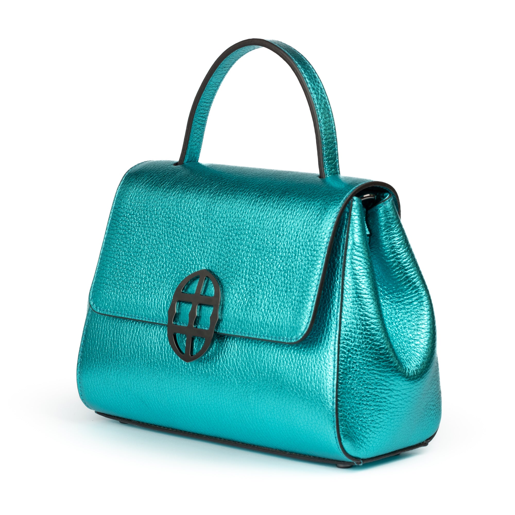 Metallic Turquoise Teal leather handbag with a burnished metal clasp buckle on a white background. - DEI DUCHI (AMALTEA)