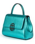 Metallic Turquoise Teal leather handbag with a burnished metal clasp buckle on a white background. - DEI DUCHI (AMALTEA)