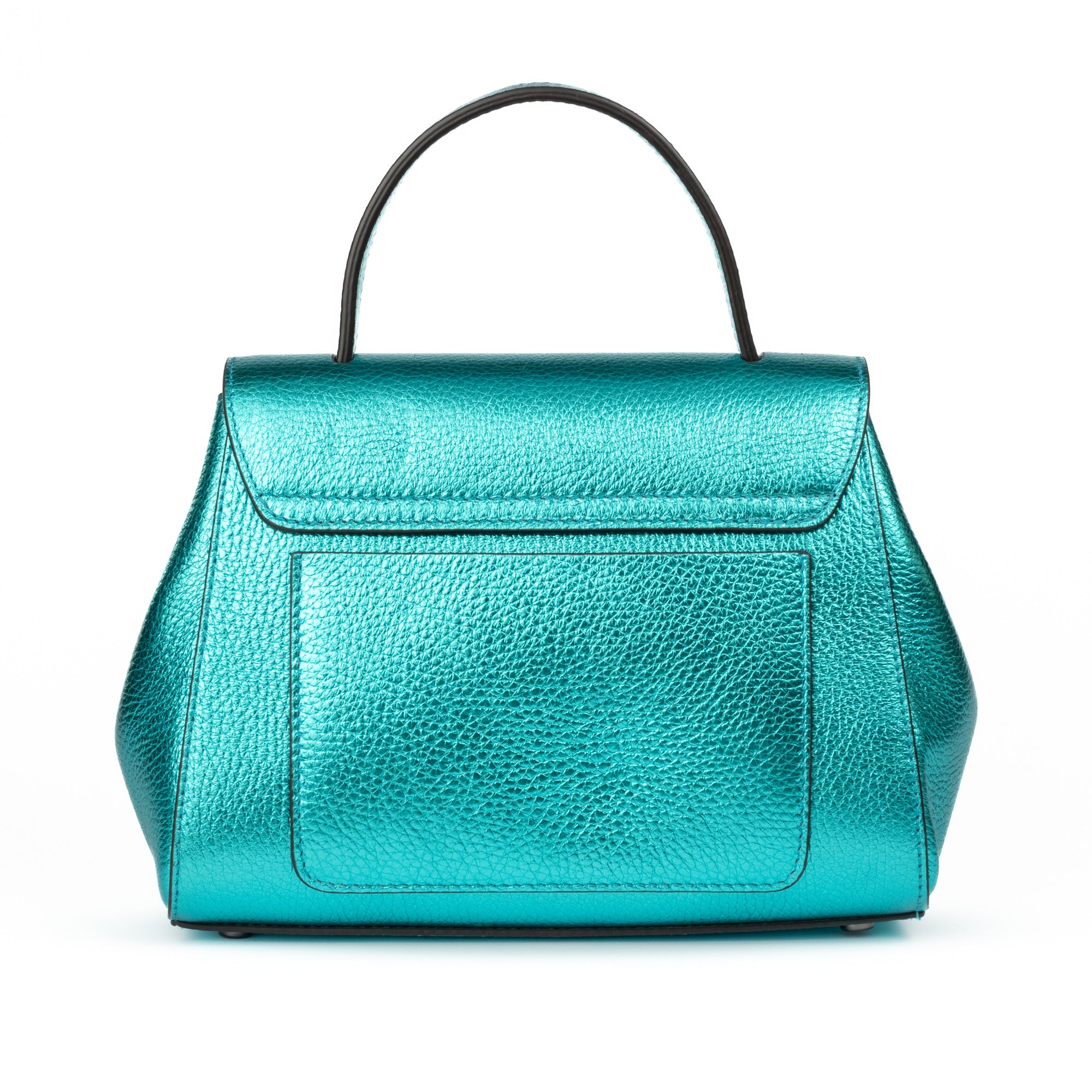 Metallic Turquoise Teal leather handbag with a silver clasp buckle on a white background. - DEI DUCHI (AMALTEA)