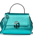 Metallic Turquoise Teal leather handbag with a burnished metal clasp buckle on a white background. - DEI DUCHI (AMALTEA)