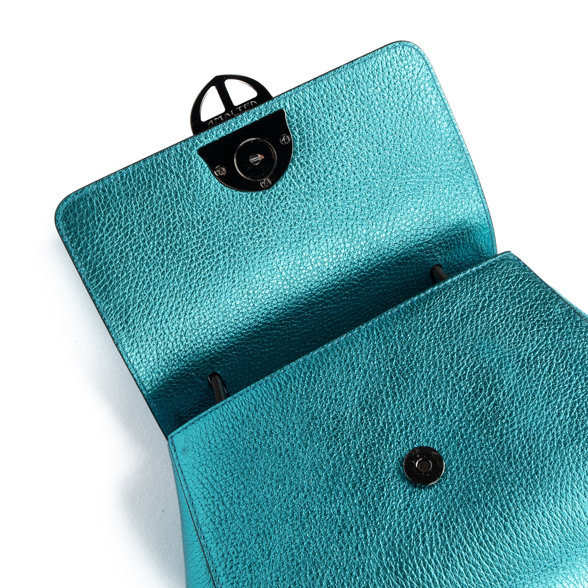 Metallic Turquoise Teal leather handbag with a burnished metal clasp buckle on a white background. - DEI DUCHI (AMALTEA)