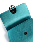 Metallic Turquoise Teal leather handbag with a burnished metal clasp buckle on a white background. - DEI DUCHI (AMALTEA)