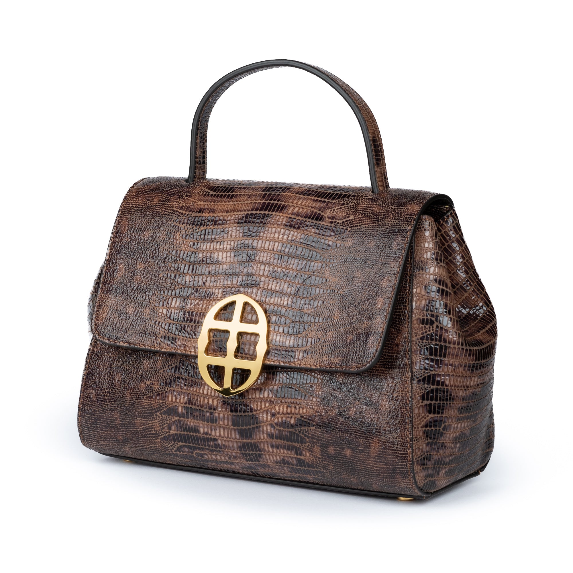 Brown textured handbag with a gold clasp on a white background. DEI DUCHI (AMALTEA)