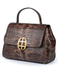 Brown textured handbag with a gold clasp on a white background. DEI DUCHI (AMALTEA)