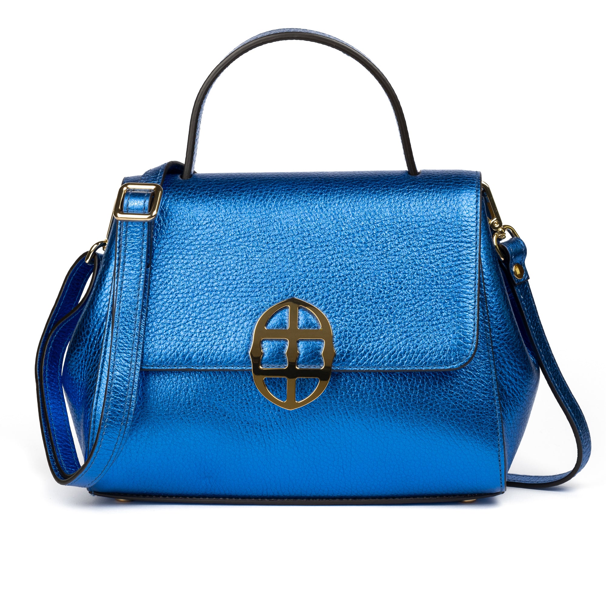 Blue handbag with a gold emblem on a white background. - DEI DUCHI (AMALTEA)