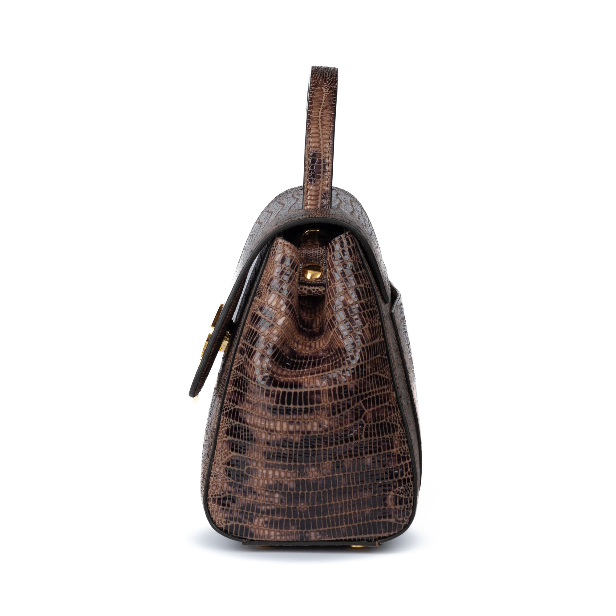 Brown textured handbag with a gold clasp on a white background. DEI DUCHI (AMALTEA)