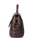 Brown textured handbag with a gold clasp on a white background. DEI DUCHI (AMALTEA)