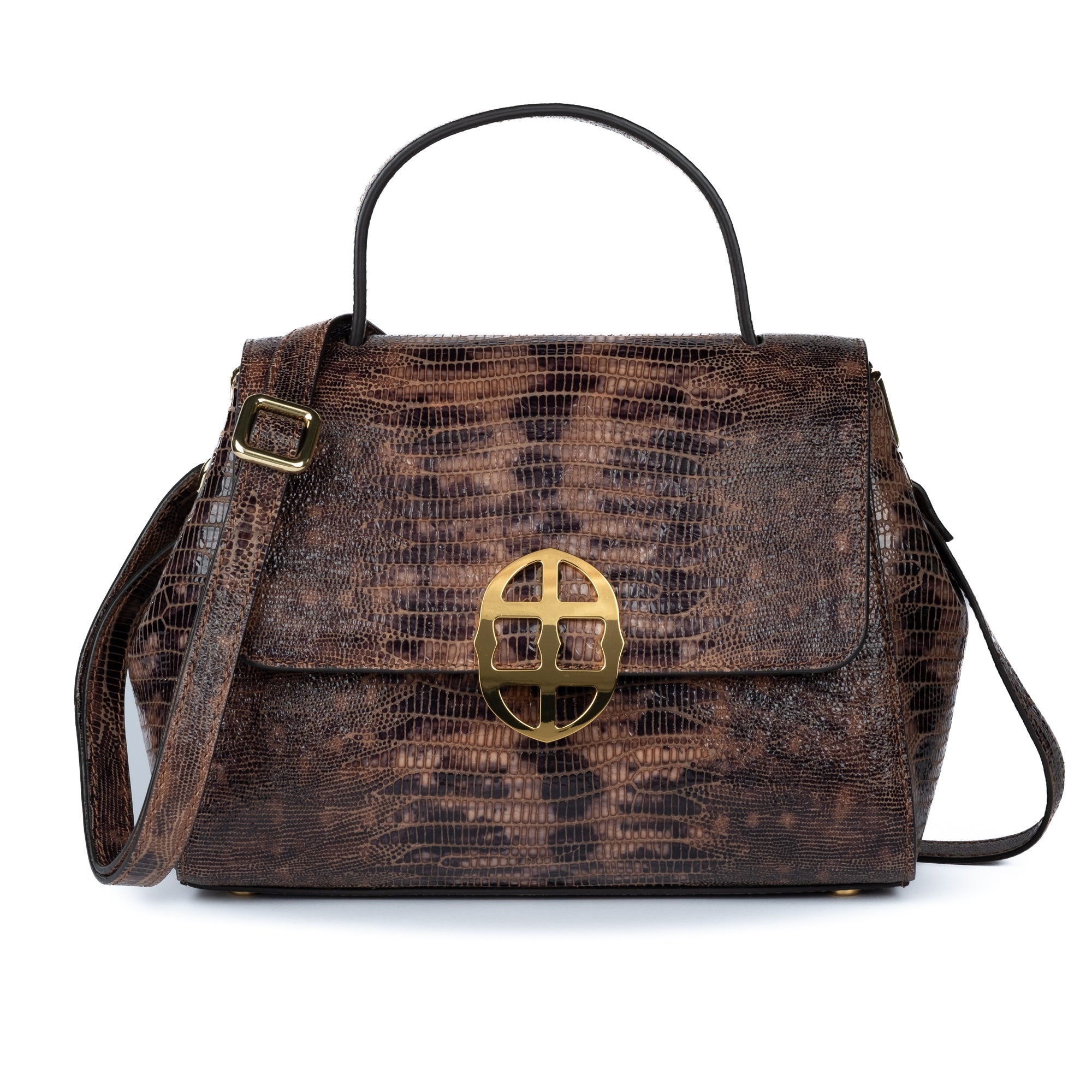 Brown textured handbag with a gold clasp on a white background. DEI DUCHI (AMALTEA)