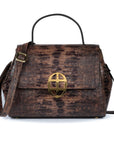 Brown textured handbag with a gold clasp on a white background. DEI DUCHI (AMALTEA)