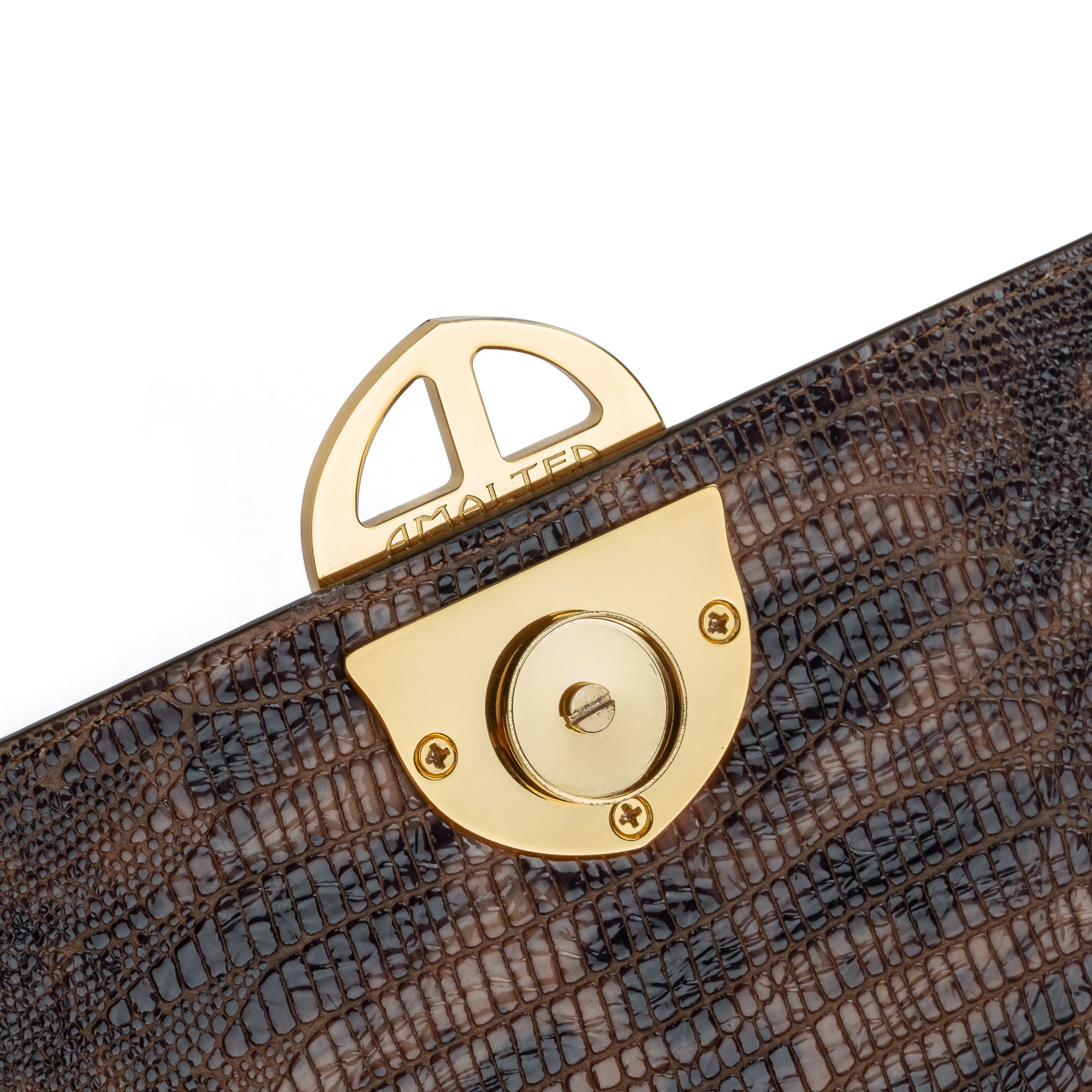 Brown textured handbag with a gold clasp on a white background. DEI DUCHI (AMALTEA)