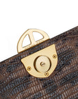 Brown textured handbag with a gold clasp on a white background. DEI DUCHI (AMALTEA)