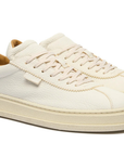 Santè - Natural White. Comfortable Fit. The Sante men's sneakers. Made in Italy excellence. Crafted on the Brenta Riviera. The soft-crust calfskin, tanned in Tuscany, treated with Patina Delavé technique. Dyed leather, faded, and finished with creams and waxes. Ergonomic removable footbed, flexible rubber sole. The Strobel construction, with slip-stitched seams. -Sartoria Dei Duchi-Atri