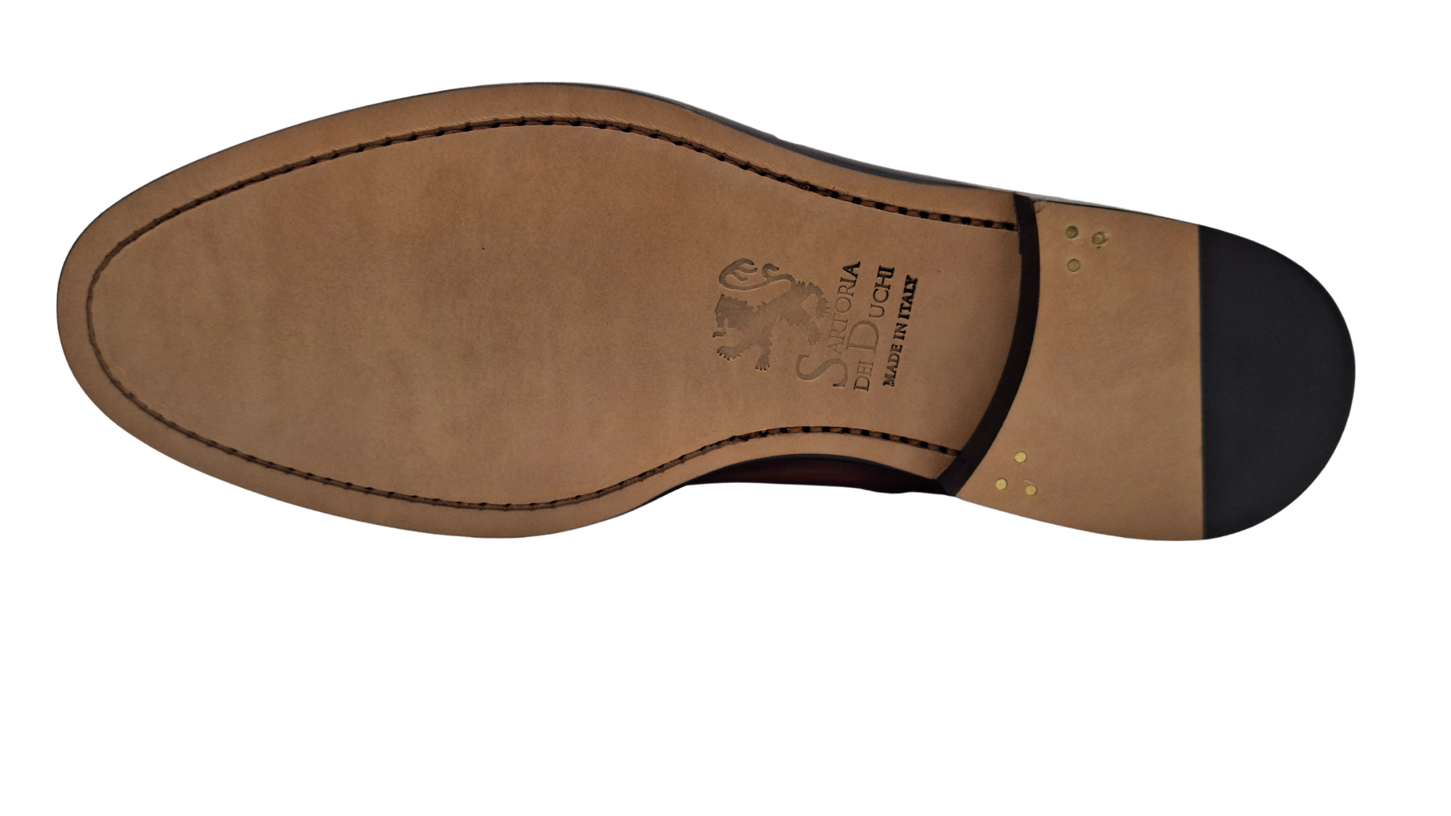 Pair of black loafers with a visible brand logo on a white background. Crust Calf. White full/grain calfskin. Tuscan tanned. Hand-dyed and antiqued leather. 9mm sole. 27mm heel height. Tuscan leather. Blake construction with bottom stitching. - Sartoria Dei Duchi - Atri