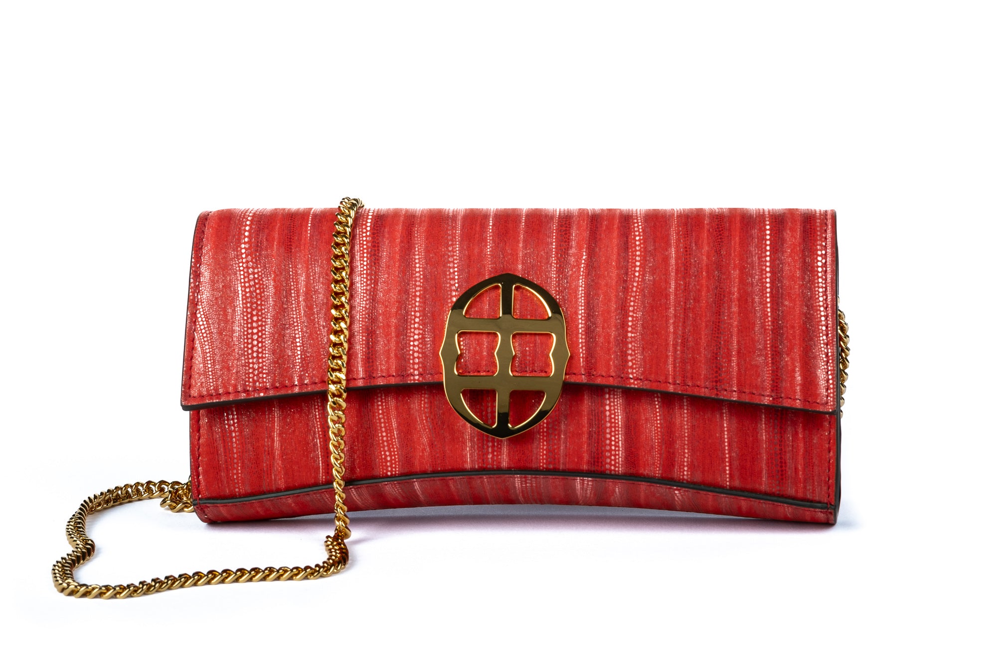 Red handbag with a chain detail, Red clutch bag with a gold emblem on a white background - DEI DUCHI (ALMATEA)