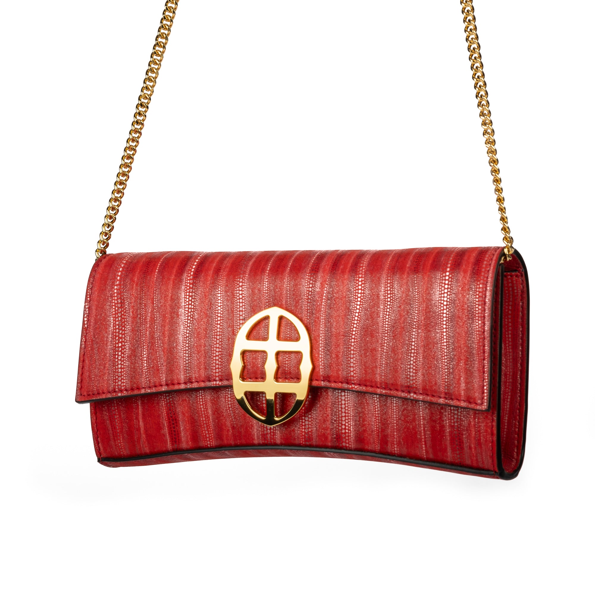 Red handbag with a chain detail, Red clutch bag with a gold emblem on a white background - DEI DUCHI (ALMATEA)