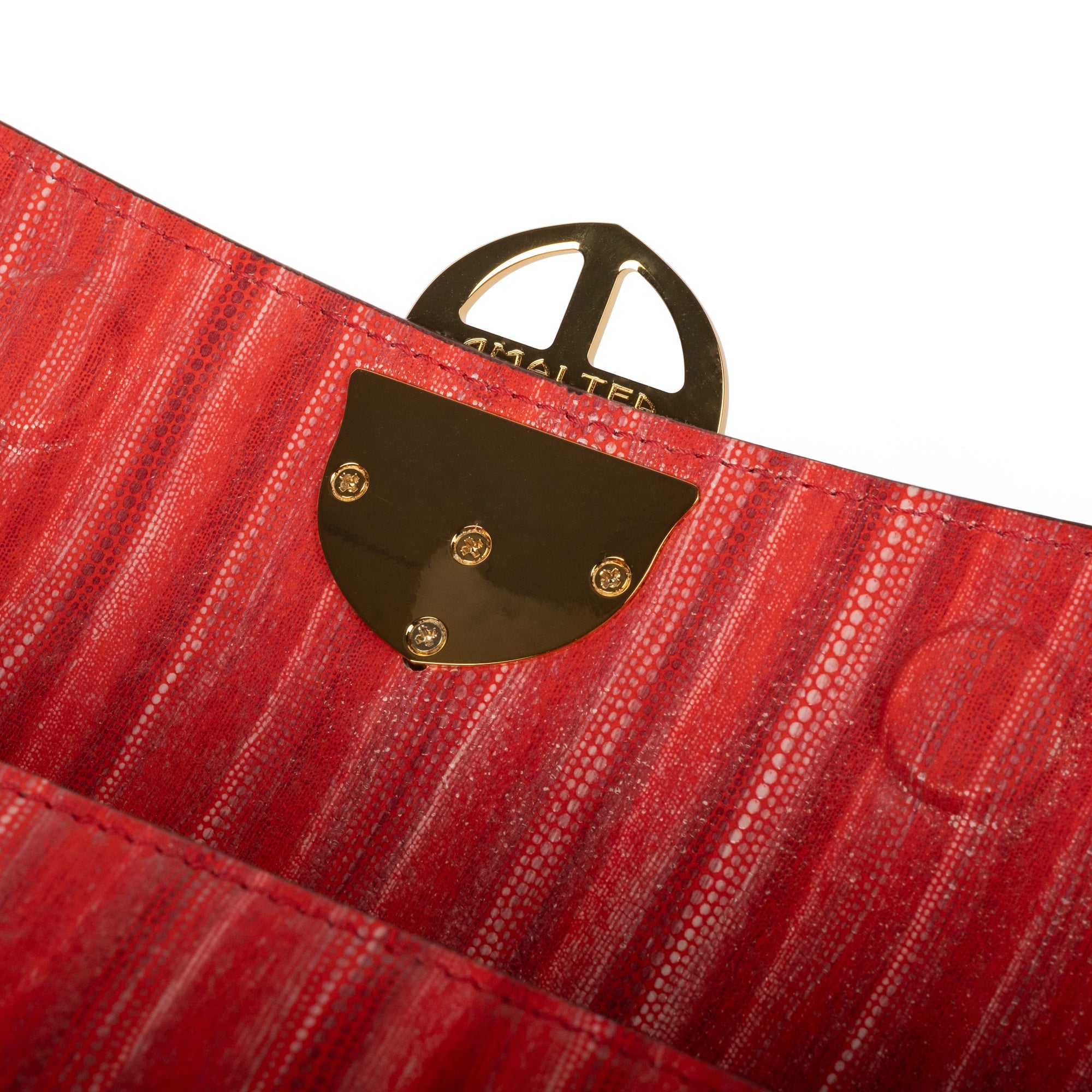 Red handbag with a chain detail, Red clutch bag with a gold emblem on a white background - DEI DUCHI (ALMATEA)