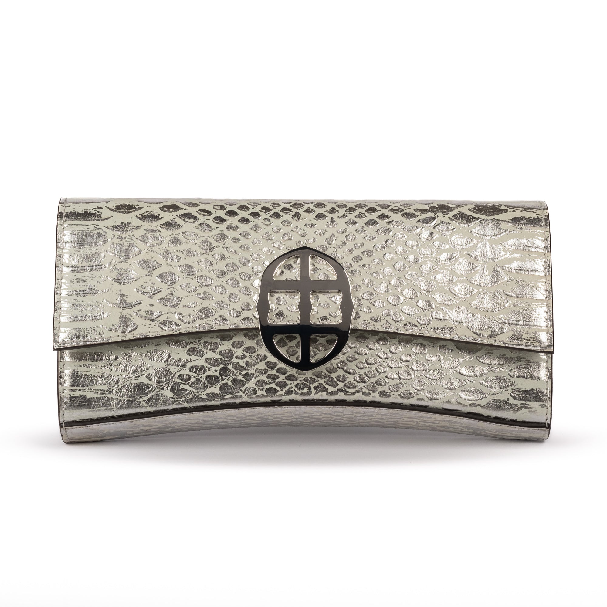 Front view of a silvery snake textured leather bag with a silver 'AMALTEA' metal buckle logo on a white background. - DEI DUCHI (AMALTEA)