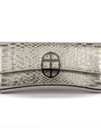 Front view of a silvery snake textured leather bag with a silver 'AMALTEA' metal buckle logo on a white background. - DEI DUCHI (AMALTEA)