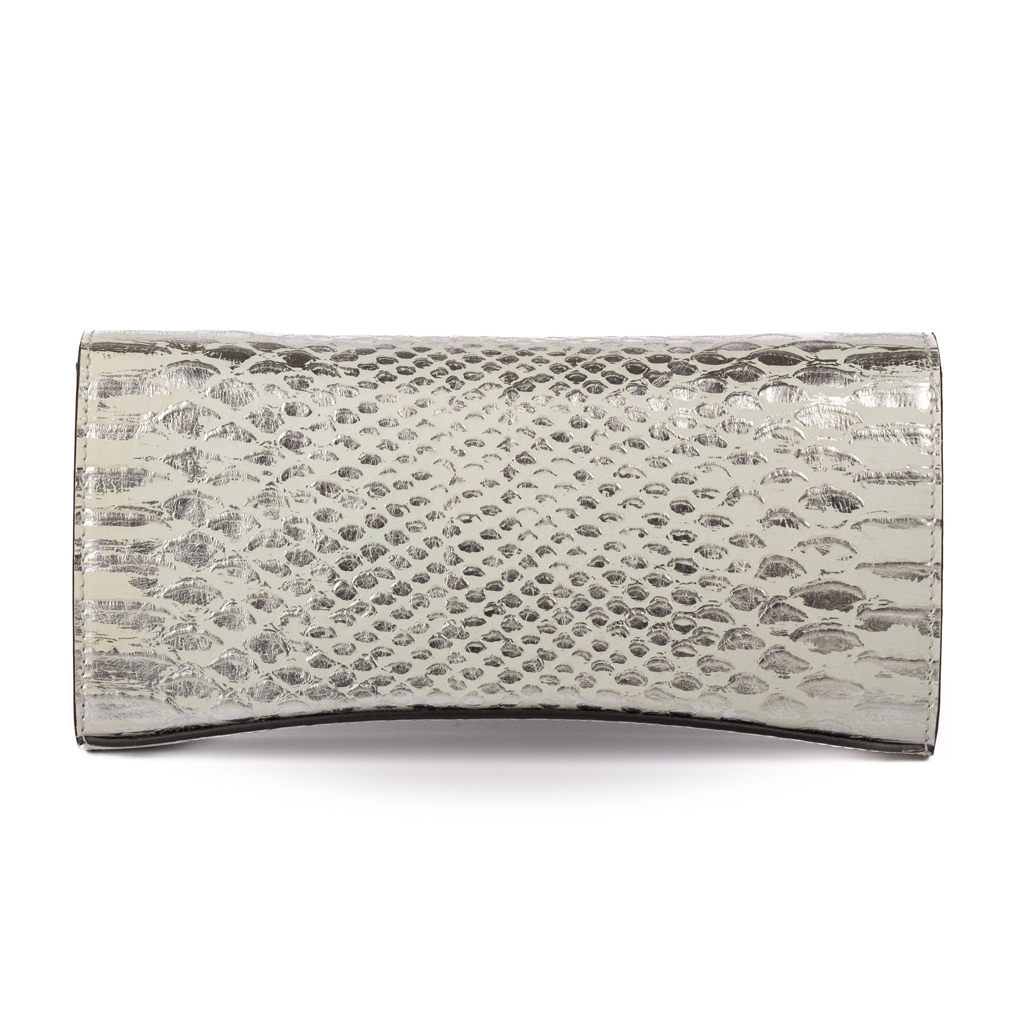Back/rear view of a silvery snake textured leather bag with a s&#39;AMALTEA&#39; burnished metal buckle logo, and chain strap, on a white background. - DEI DUCHI (AMALTEA)