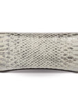 Back/rear view of a silvery snake textured leather bag with a s'AMALTEA' burnished metal buckle logo, and chain strap, on a white background. - DEI DUCHI (AMALTEA)
