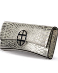 Front view of a silvery snake textured leather bag with a  'AMALTEA' burnished metal buckle logo, and a silver chain strap, on a white background. - DEI DUCHI (AMALTEA)