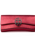 Strawberry Red leather clutch bag/wallet with a burnished metallic emblem buckle on a white background. - DEI DUCHI (AMALTEA)
