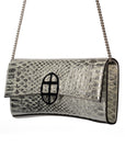 Front view of a silvery snake textured leather bag with a burnished  metal 'AMALTEA' buckle logo, and a silver chain strap, on a white background. - DEI DUCHI (AMALTEA)
