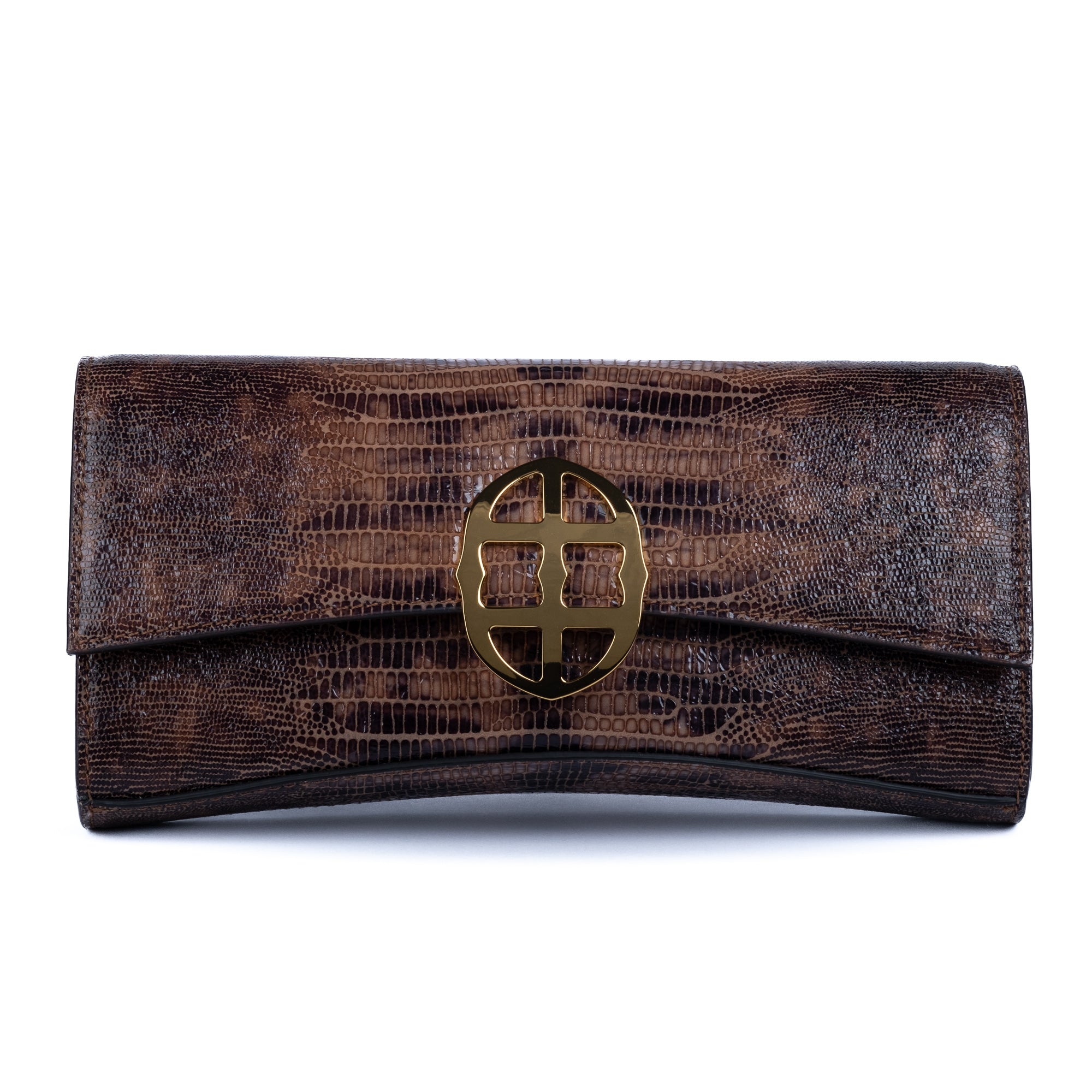Brown embossed python skin clutch bag with gold chain and buckle/emblem on a white background. - DEI DUCHI (AMALTEA)