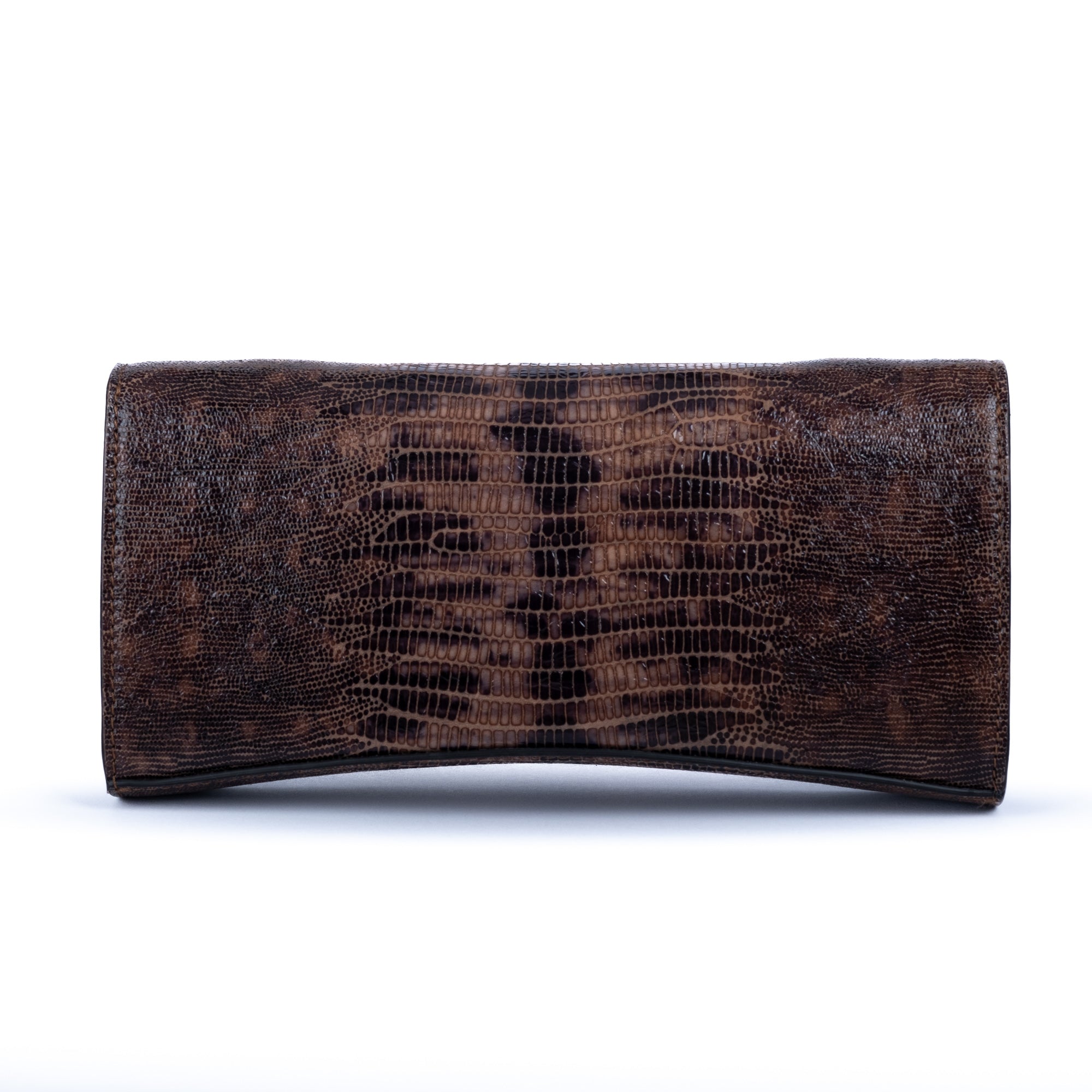 Brown embossed python skin clutch bag with gold chain and buckle/emblem on a white background. - DEI DUCHI (AMALTEA)