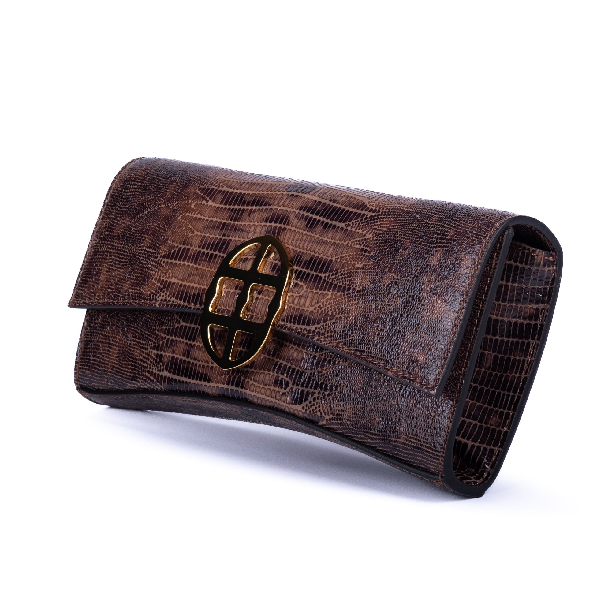 Brown embossed python skin clutch bag with gold chain and buckle/emblem on a white background. - DEI DUCHI (AMALTEA)