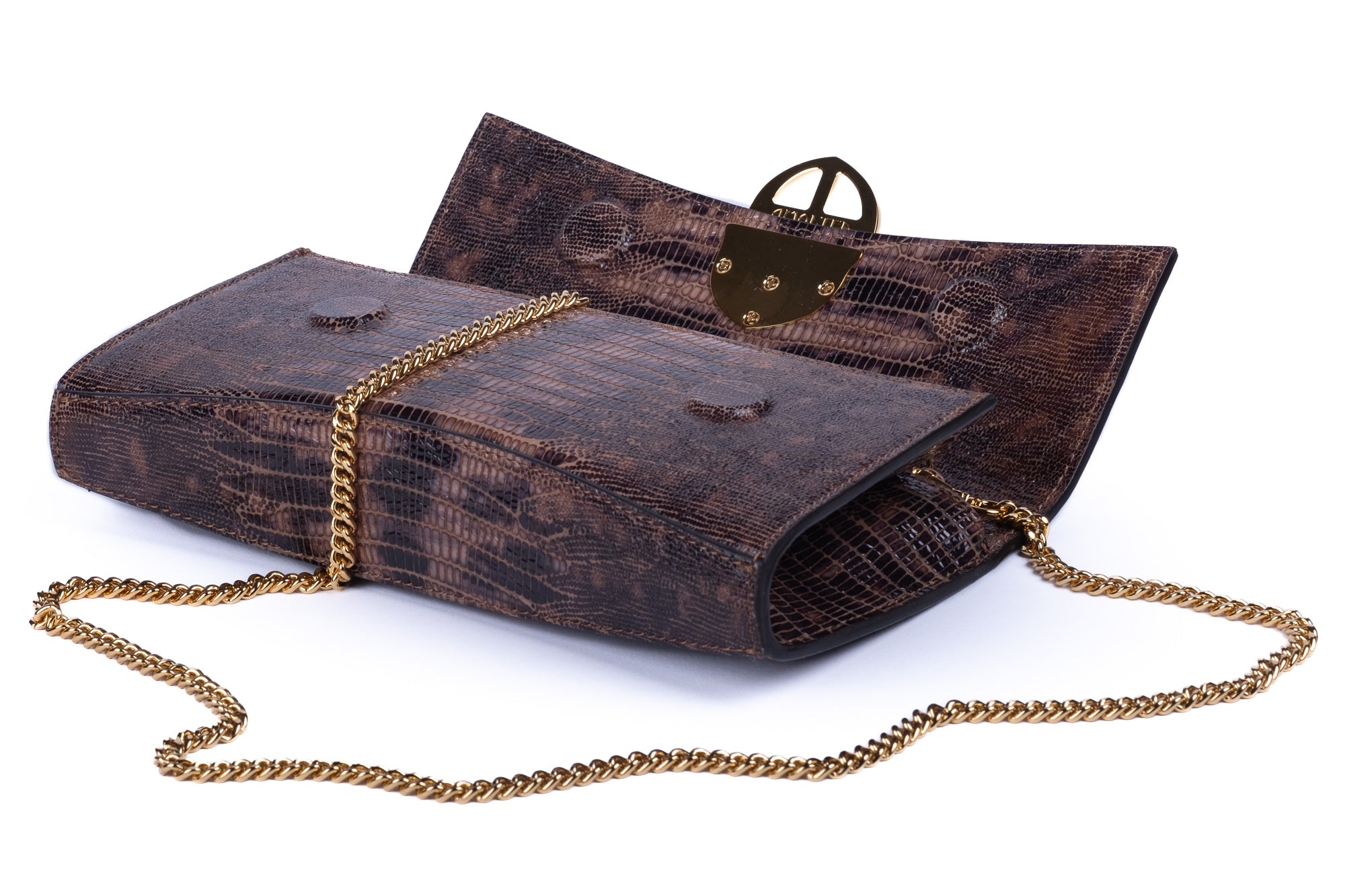 Brown embossed python skin clutch bag with gold chain and buckle/emblem on a white background. - DEI DUCHI (AMALTEA)