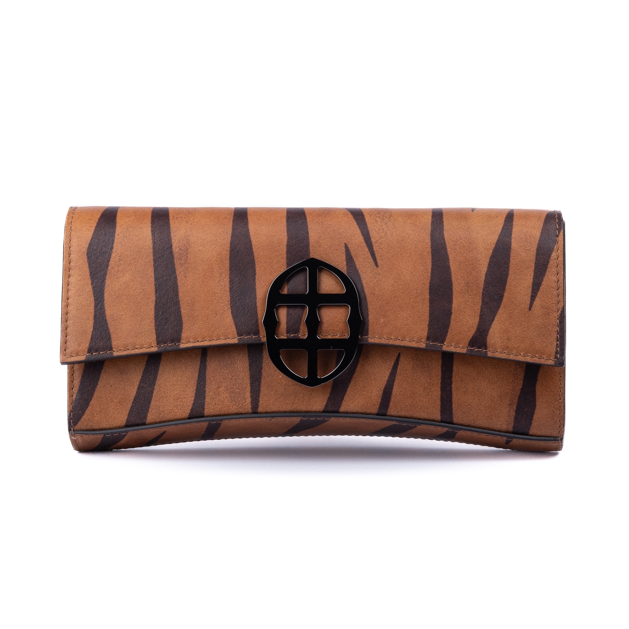 Brown leather wallet with chain strap 
 and embossed tiger stripe pattern and burnished metal buckle clasp on a white background.  -DEI DUCHI (AMALTEA)