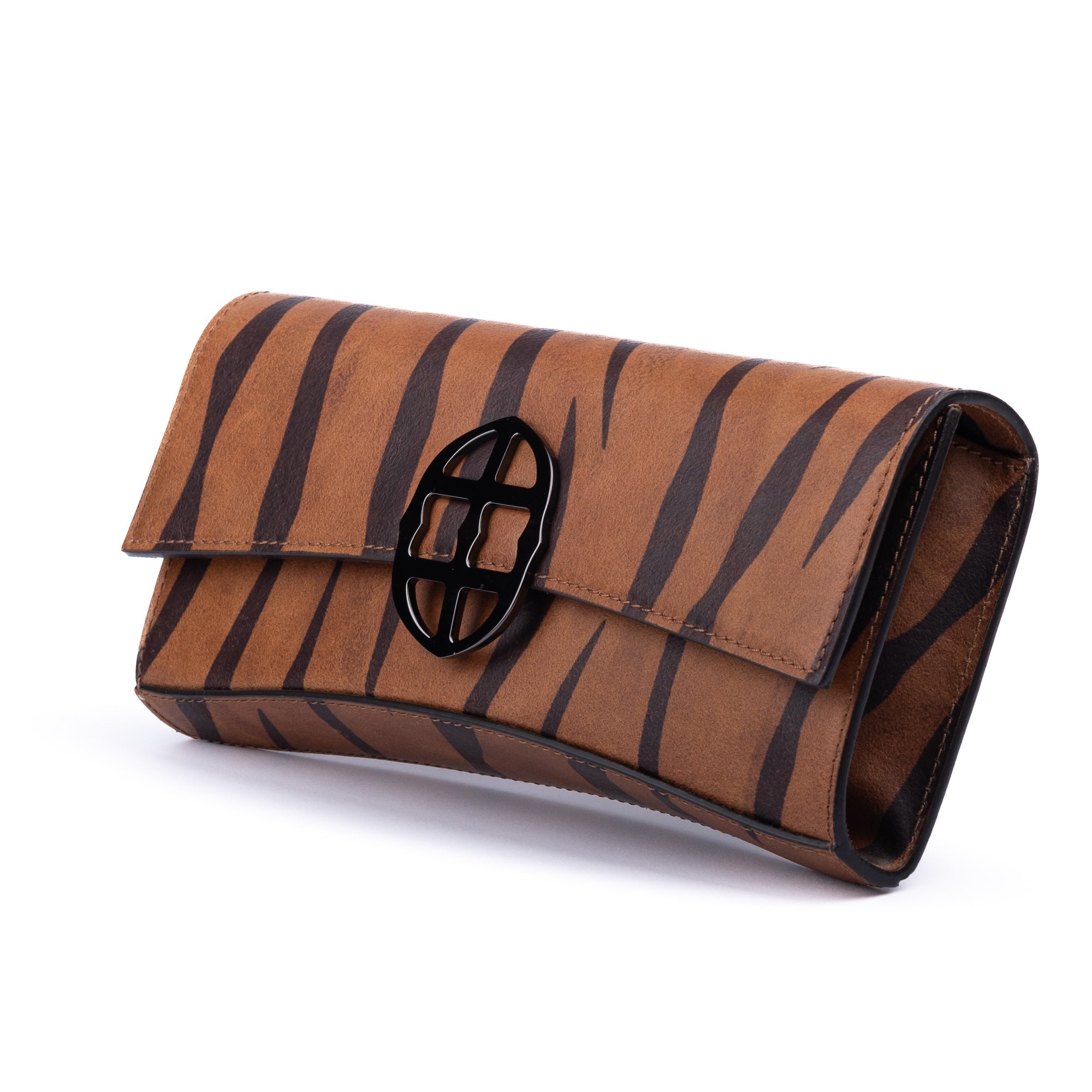 Brown leather wallet with chain strap 
 and embossed tiger stripe pattern and burnished metal buckle clasp on a white background.  -DEI DUCHI (AMALTEA)
