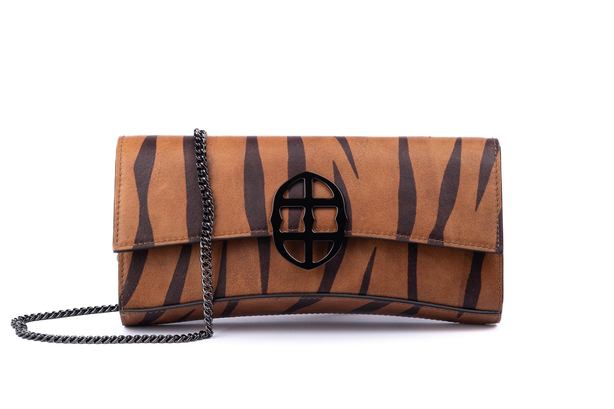 Brown leather wallet with chain strap 
 and embossed tiger stripe pattern and burnished metal buckle clasp on a white background.  -DEI DUCHI (AMALTEA)