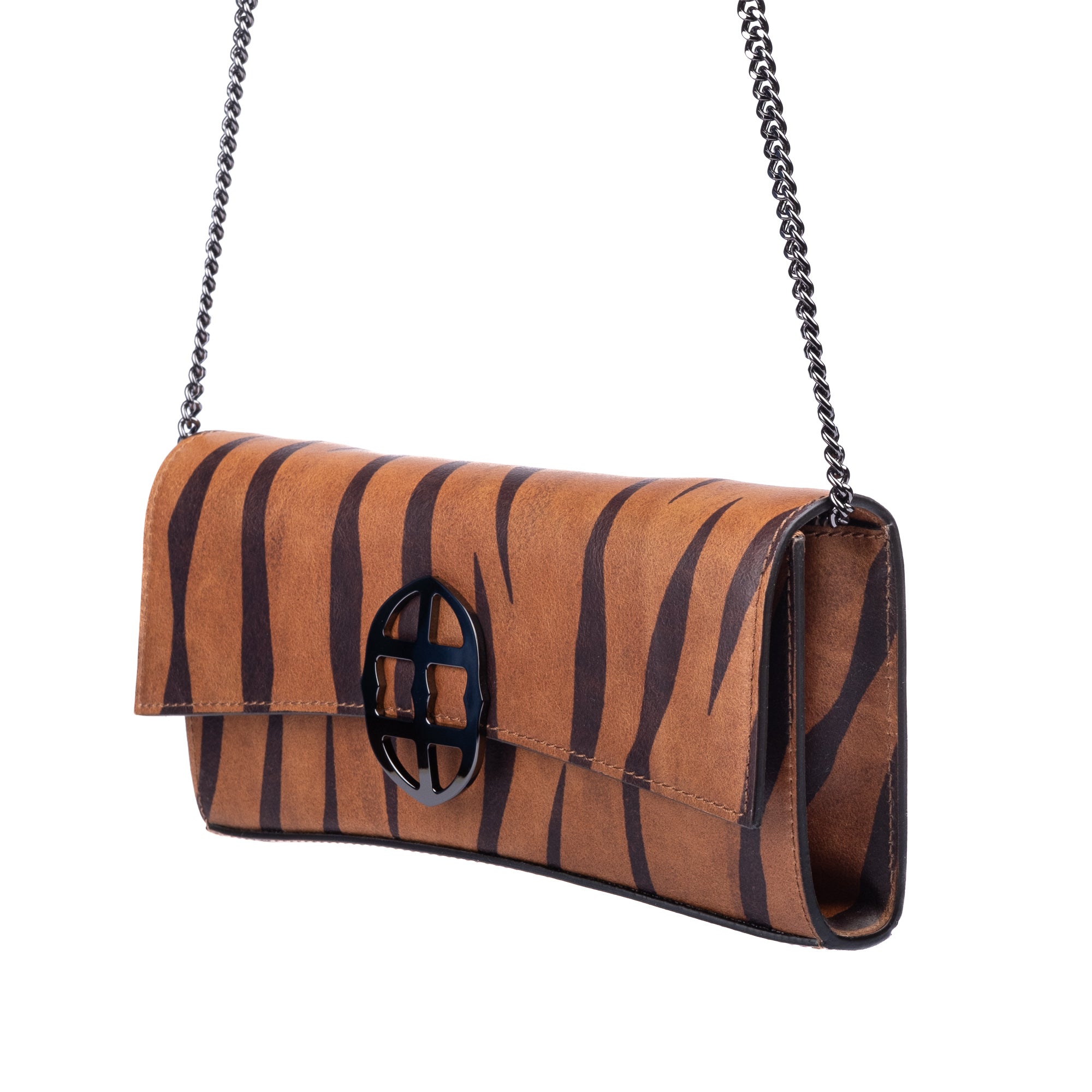 Brown leather wallet with chain strap 
 and embossed tiger stripe pattern and burnished metal buckle clasp on a white background.  -DEI DUCHI (AMALTEA)