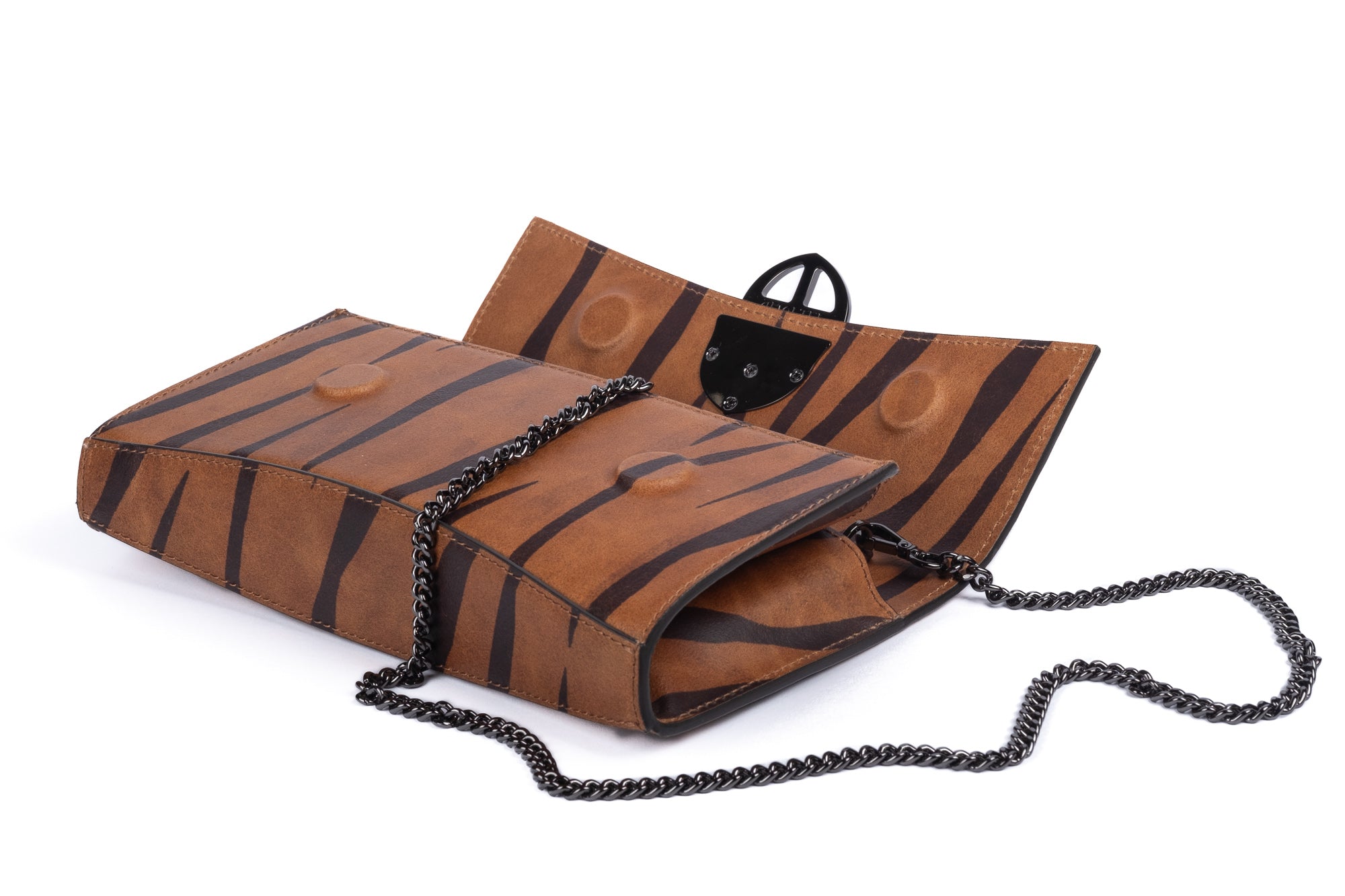 Brown leather wallet with chain strap 
 and embossed tiger stripe pattern and burnished metal buckle clasp on a white background.  -DEI DUCHI (AMALTEA)
