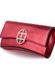 Strawberry Red leather clutch bag/wallet with a burnished metallic emblem buckle on a white background. - DEI DUCHI (AMALTEA)