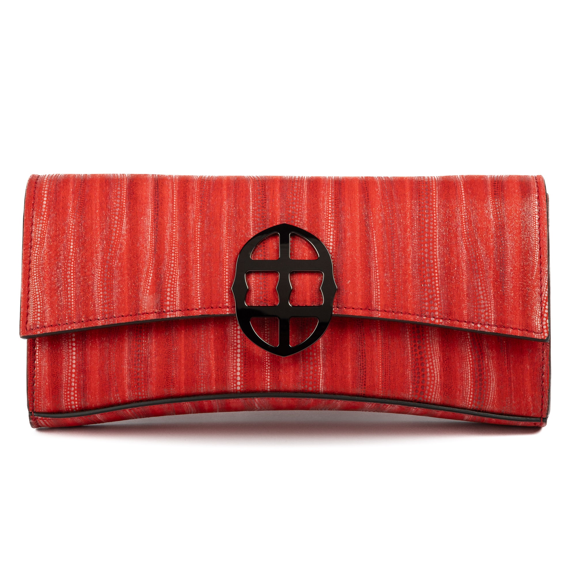 Red handbag with a chain detail, Red clutch bag with a burnished metal emblem on a white background - DEI DUCHI (ALMATEA)