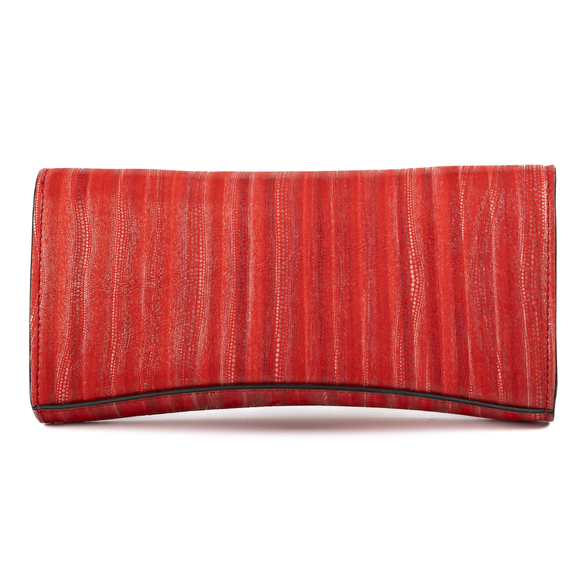 Red handbag with a chain detail, Red clutch bag with a burnished metal emblem on a white background - DEI DUCHI (ALMATEA)