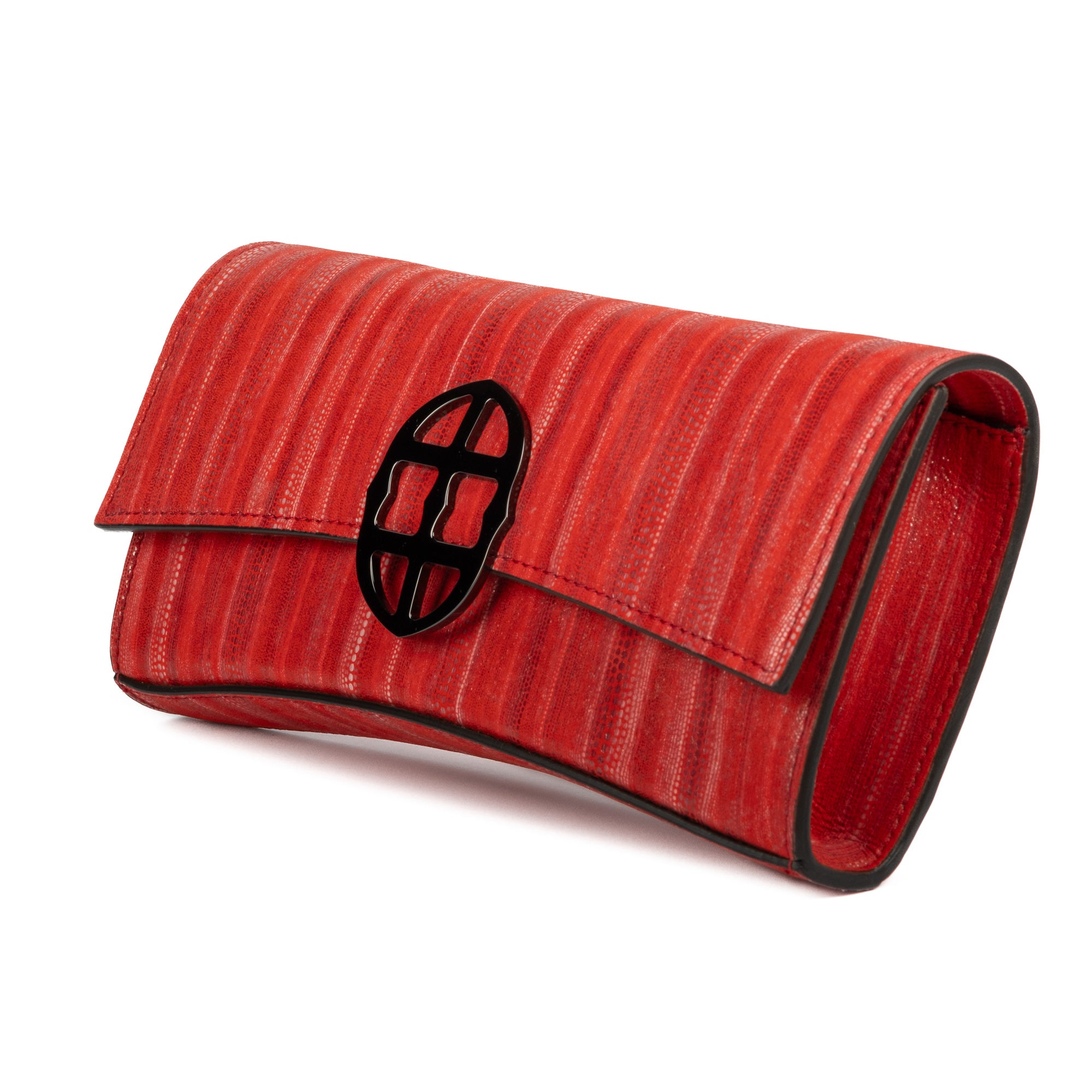 Red handbag with a chain detail, Red clutch bag with a burnished metal emblem on a white background - DEI DUCHI (ALMATEA)