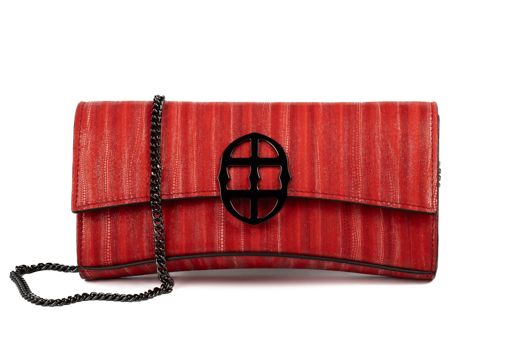 Red handbag with a chain detail, Red clutch bag with a burnished metal emblem on a white background - DEI DUCHI (ALMATEA)