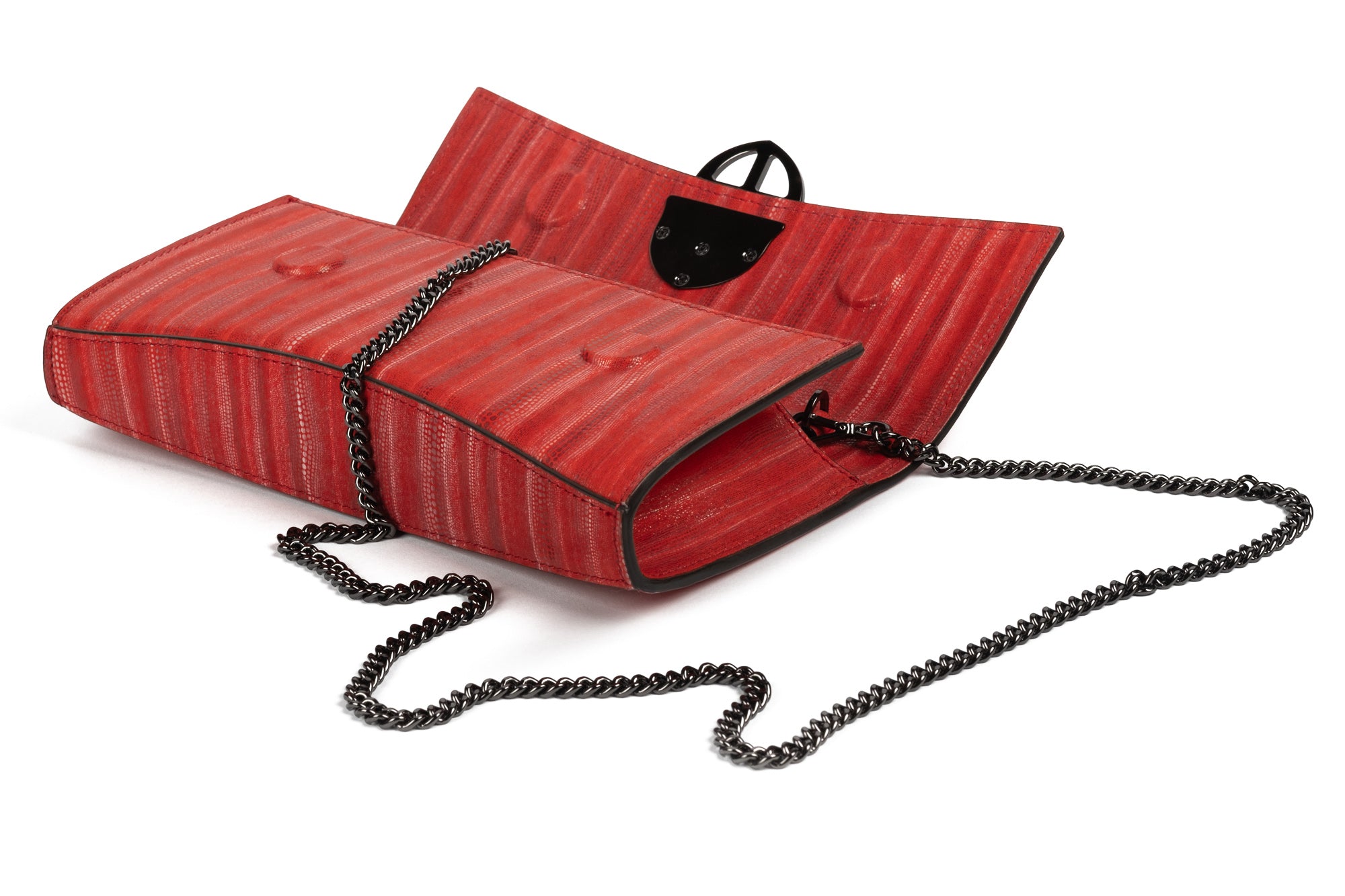 Red handbag with a chain detail, Red clutch bag with a gold emblem on a white background - DEI DUCHI (ALMATEA)