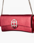Strawberry Red leather clutch bag/wallet with a burnished metallic emblem buckle on a white background. - DEI DUCHI (AMALTEA)