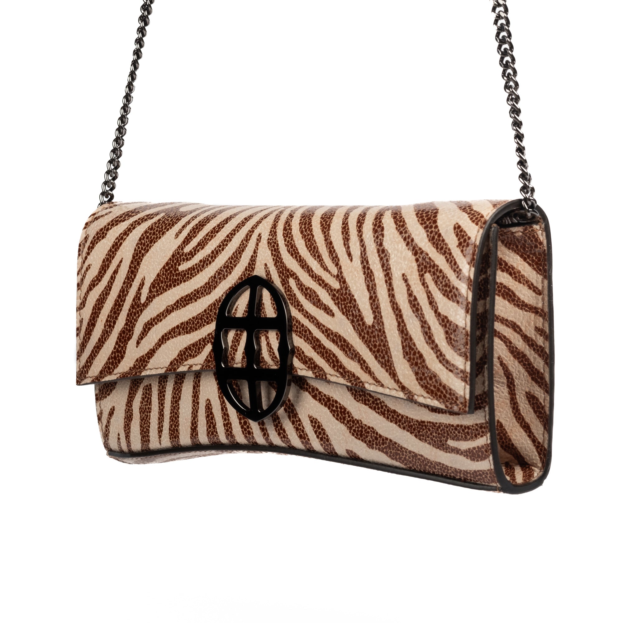 Zebra embossed pinkish leather clutch bag/wallet with a burnished metallic emblem buckle on a white background. - DEI DUCHI (AMALTEA)